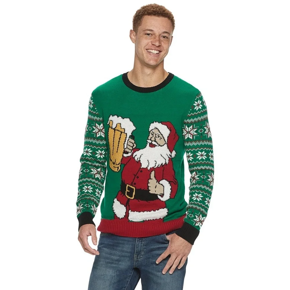 Men’s Ugly Christmas Sweater Beer Santa Holiday Party Crewneck Green NWT S